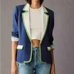 Anthropologie Maeve Colorblock Blazer Size XS Blue Green Stretch Academia Preppy